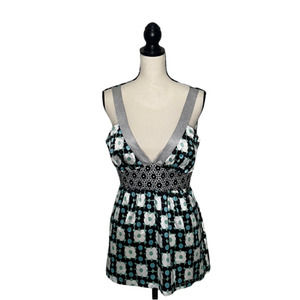 𝅺new Lulumarie Floral Top Black Blue Multi Print Strappy Satin Womens Medium M